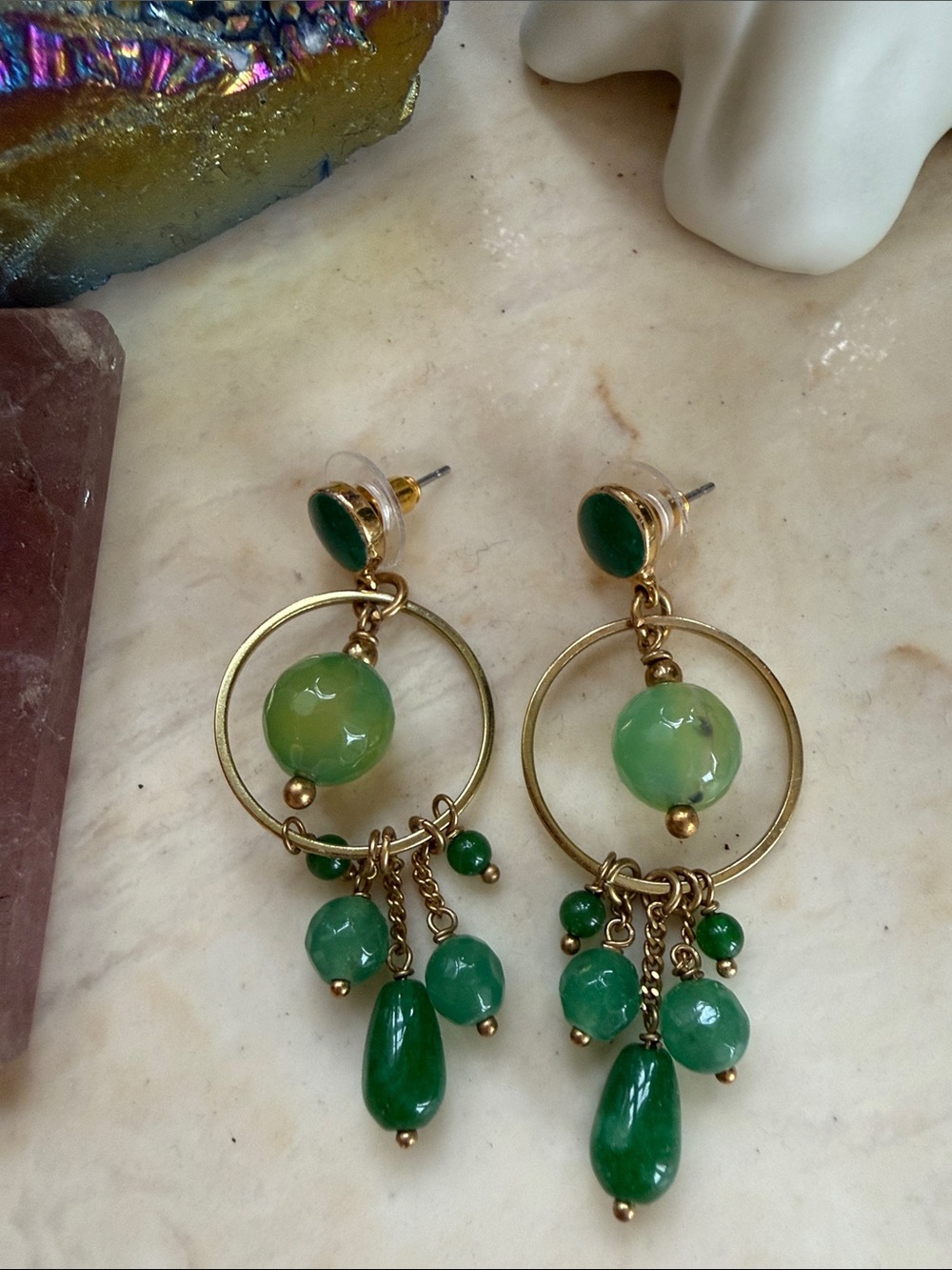 Gold-Tone Green AventurineBeaded Hoop Drop Earrings - Women Jewelry